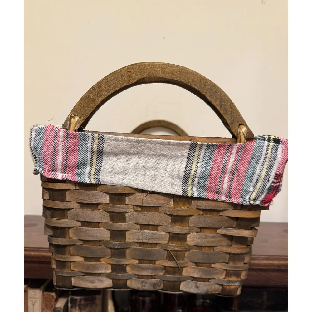 Ashland Christmas Flannel Plaid Lined Woven Basket Wooden Handles 17x11 Storage